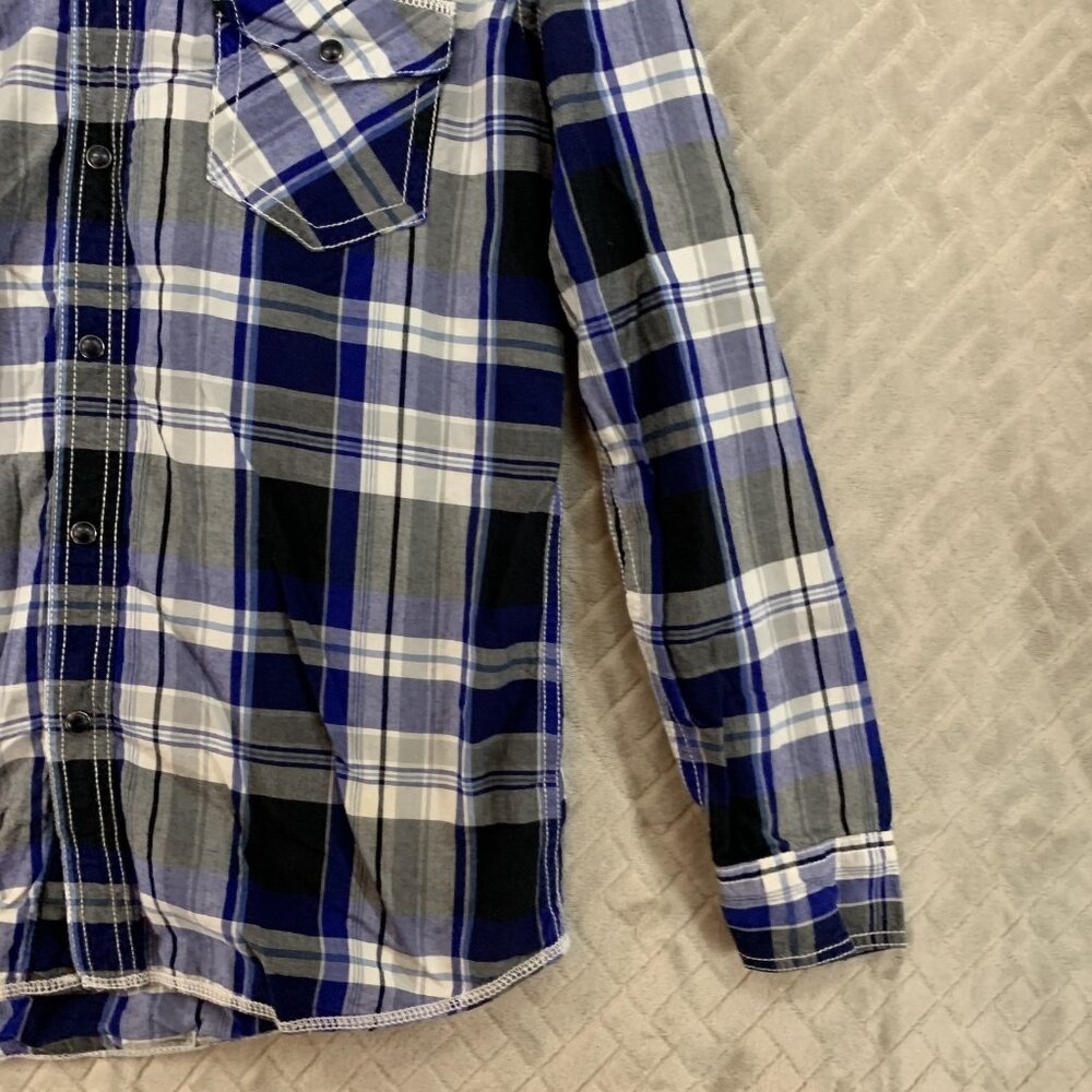 Route 66 Mens Medium Button Up Shirt Blue Plaid Pearl Snap Long Sleeve Western - Picture 4 of 15